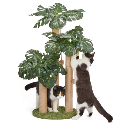31.5Inch Cat Scratching Post,Cat Scratcher Tree with 3 Scratching Poles & 2 Interactive Dangling Balls,Cats Scratching Posts for Indoor Kitten & Adult Cats (Monstera tree)