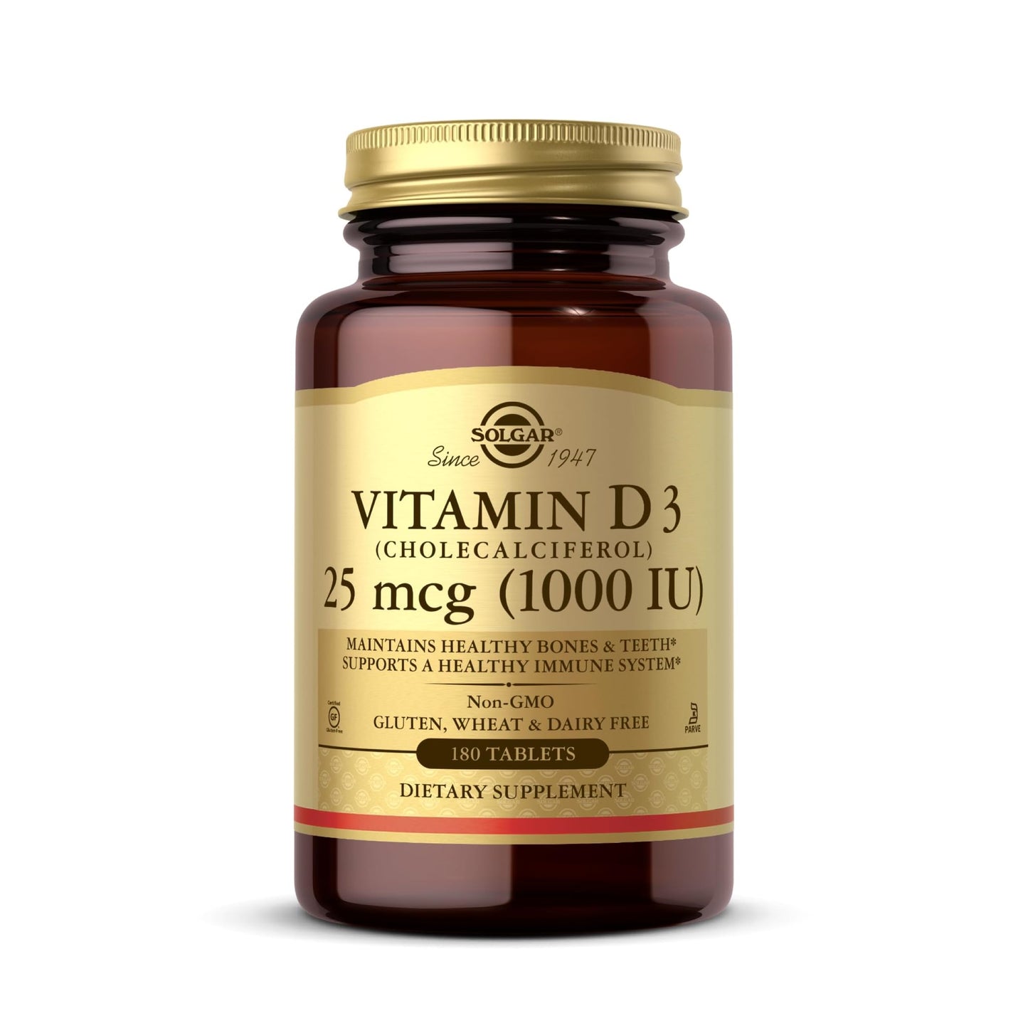 Solgar Vitamin D3 (Cholecalciferol) 1000 IU (25 µg) Tablets - Food Supplement, Pack of 180 Capsules - For Healthy Bones, Teeth and Muscle Function - Supports Immunity - Gluten Free