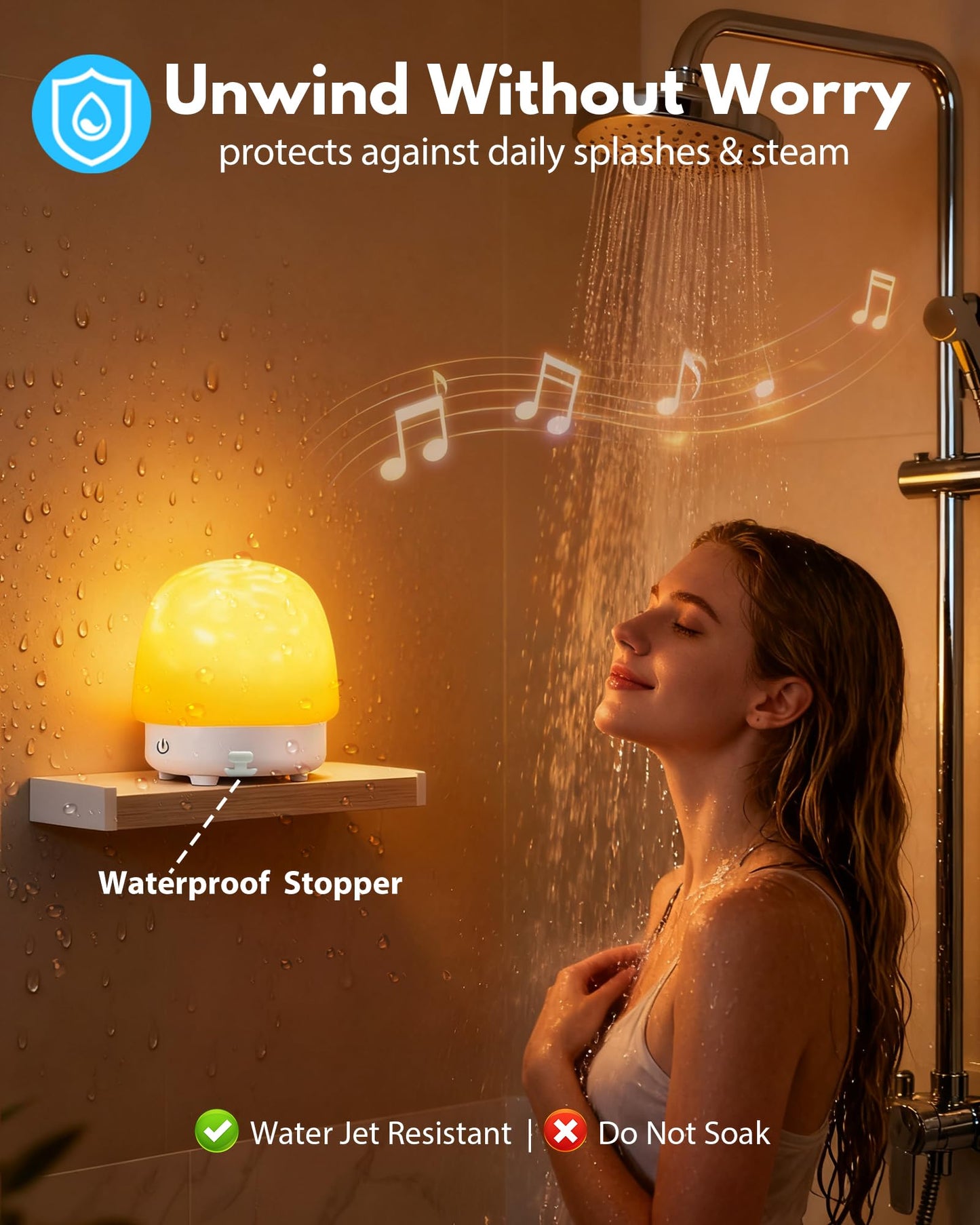 Shower Light with Bluetooth Speaker, Waterproof Shower Lamp with White Noise, 16 Colors Ocean Wave Projector Light with Remote & Touch Control, Music Lamps for Inside Shower Bathroom Bathtub