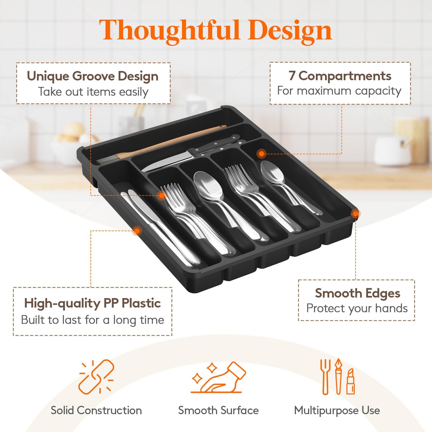 Lifewit Silverware Organizer with Lid, Covered Utensil Tray for Kitchen Drawer and Countertop, Plastic Cutlery and Flatware Storage Box for Spoons Forks Knives Holder Case, 6 Compartments, Black