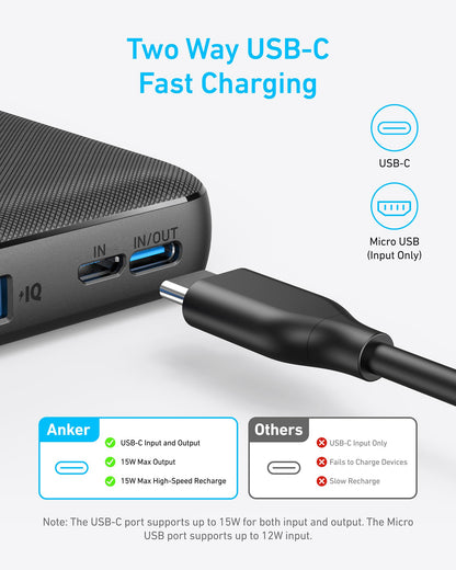 Anker Power Bank(PowerCore 10K), Compact Travel-Ready 10,000mAh Battery Pack with PowerIQ Charging Technology, 5V/3A High-Speed Charging for iPhone, iPad,and More(USB-C Input and Output(Black), 1pack)
