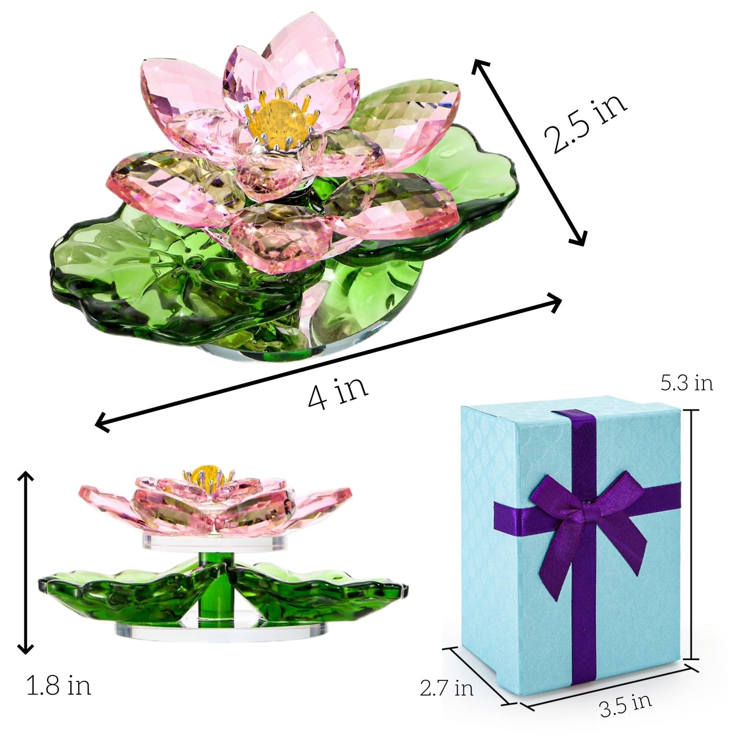 Jowgut Sparkle Crystal Lotus Flower, 4" Hue Reflection Clear Lotus Figurine with Gift Box, Glass Decorative Statue Paperweight Home Art Decor for Collection Table Centrepiece