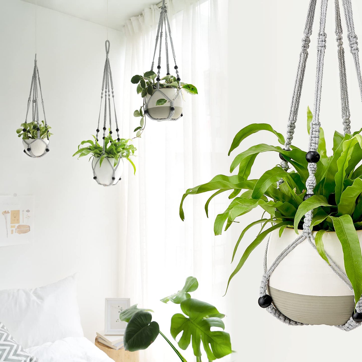 Mkono Macrame Plant Hanger Indoor Hanging Planter Basket with Wood Beads Decorative Flower Pot Holder No Tassels for Indoor Outdoor Boho Home Decor 35 Inch, Grey, Set of 2 (POTS NOT Included)
