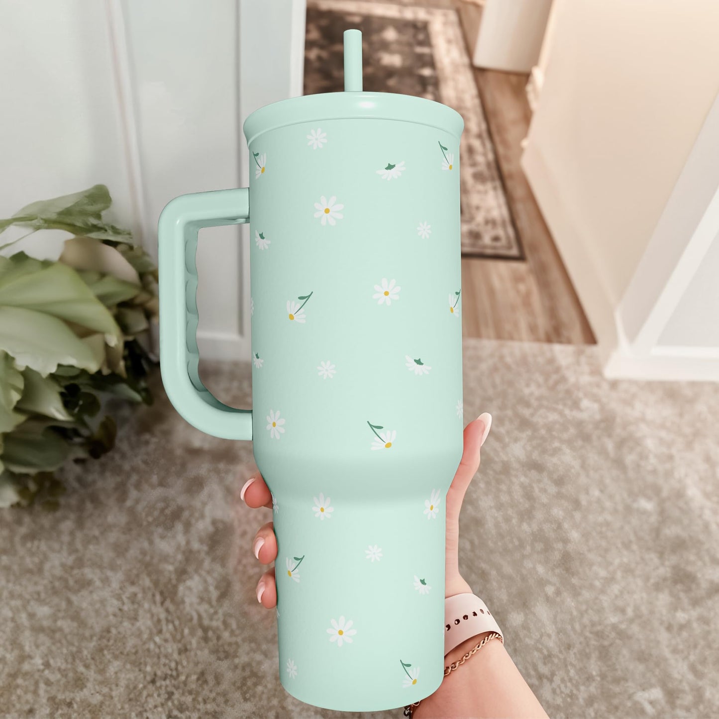Daisy 40oz Tumbler with Handle and Straw – Flower Insulated Stainless Steel Travel Coffee Mug for Women Girls - Gift Idea for Birthday Christmas Mothers Day