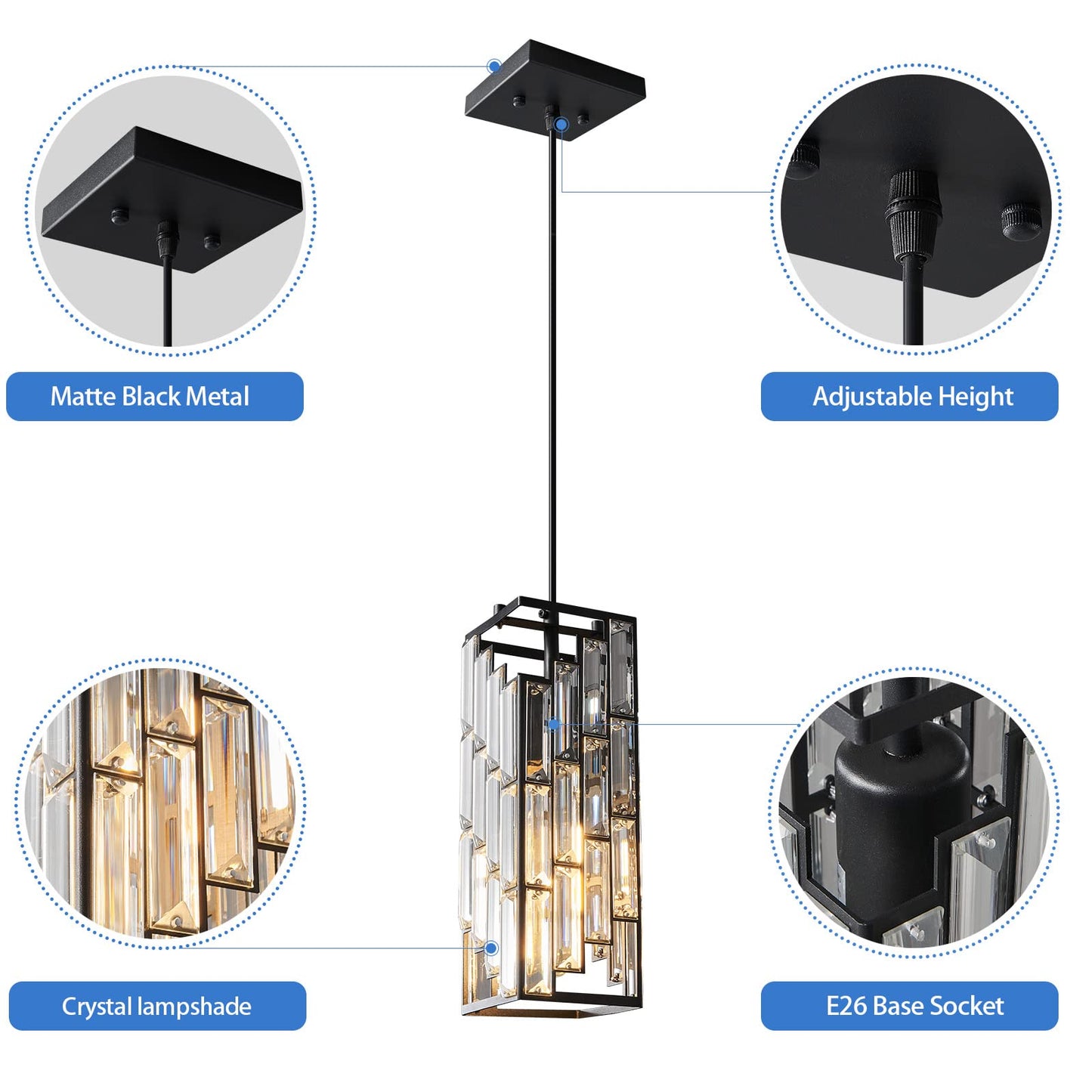 FDPBY Black Pendant Lighting Modern Pendant Light, Mini Crystal Chandeliers,Adjustable Pendant Light Fixture for Kitchen Island Dinning Room Bedroom (2 Pack)