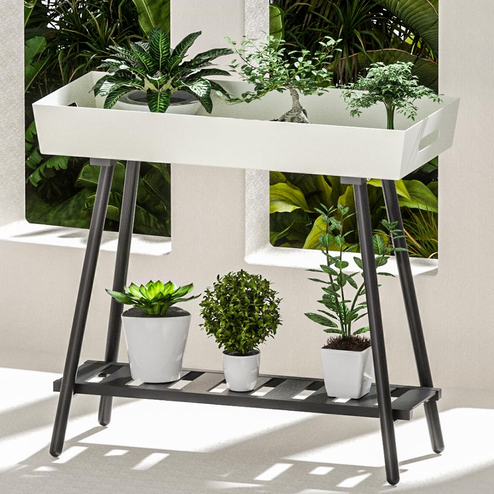 DHYGOTFUR 2-Tier Aluminum Plant Stand Indoor Outdoor with Built-in Handles, Anti-Fall Top Storage Box, Heavy Duty Multi-Use Plant Rack & Display Shelf for Patio Garden Lawn Balcony Living Room