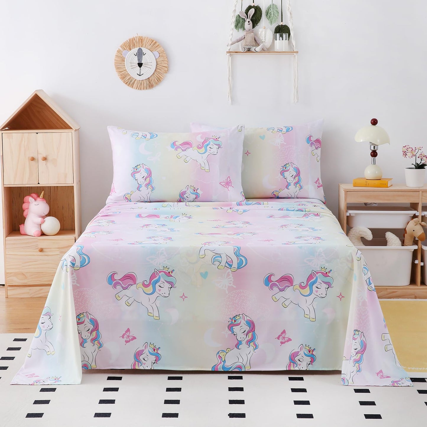 Yibeizi Full Size Sheets Set Kids, Rainbow Unicorn Pattern Microfiber Double Bed Sheets, Cute Soft Oeko-Tex Extra Deep Pocket Sheets & Pillowcases Cooling Hypoallergenic Wrinkle Free Bedsheets