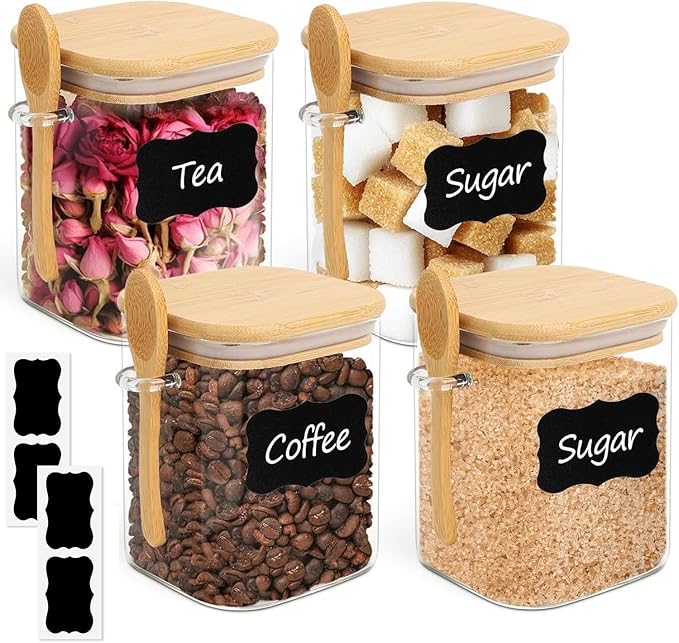 ComSaf 0.8 Qt Glass Jars with Bamboo Lids & Spoons Set of 4, Square Glass