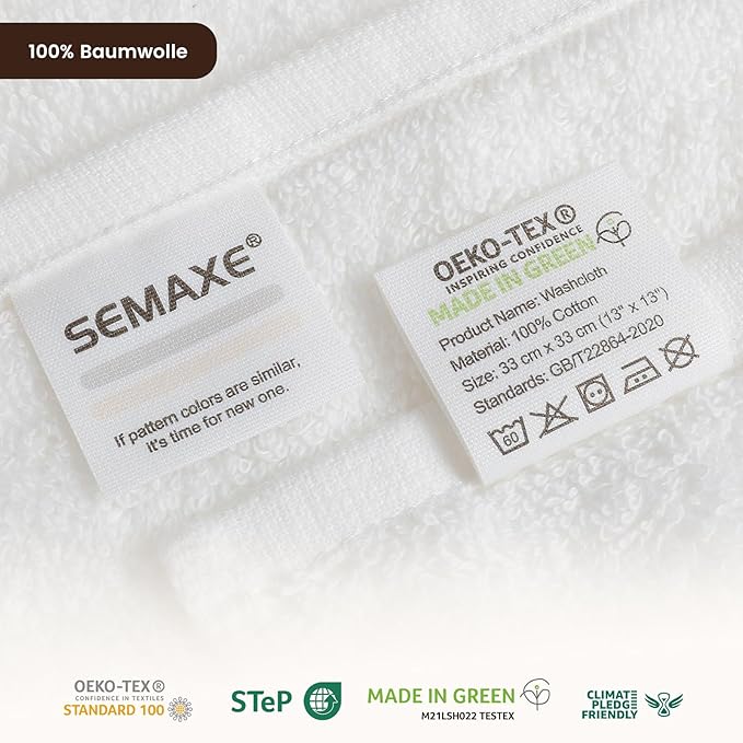 SEMAXE 100% Cotton Washcloths 12-Pack, 13 × 13 Inch Soft Luxury Face Towels –