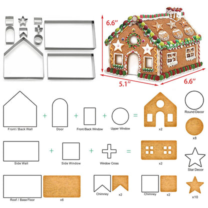 Gingerbread House Cookie Cutter Set - 3D House Cookie Cutters, Gingerbread House Kit for Holiday, Winter, Christmas & Gingerbread House Kit for Kids, Gift Package (10Pcs Christmas Cookie Cutters)