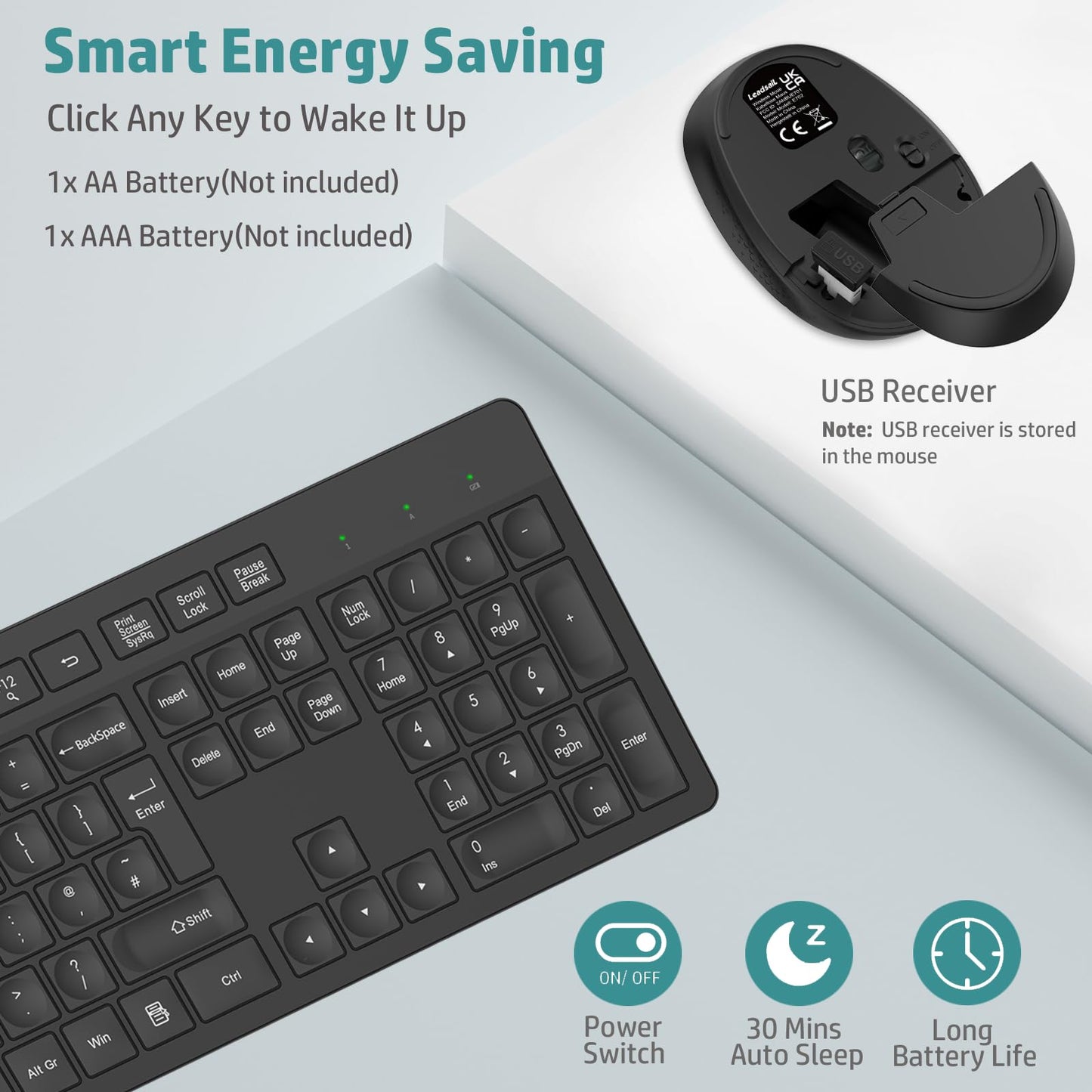 LeadsaiL Wireless Keyboard and Mouse Set, 2.4GHz USB Computer Keyboards and Mouse Combo, Full Size UK QWERTY Layout, Ergonomic Design with 12 Multimedia Shortcuts for HP/Lenovo Laptop and Mac - Black