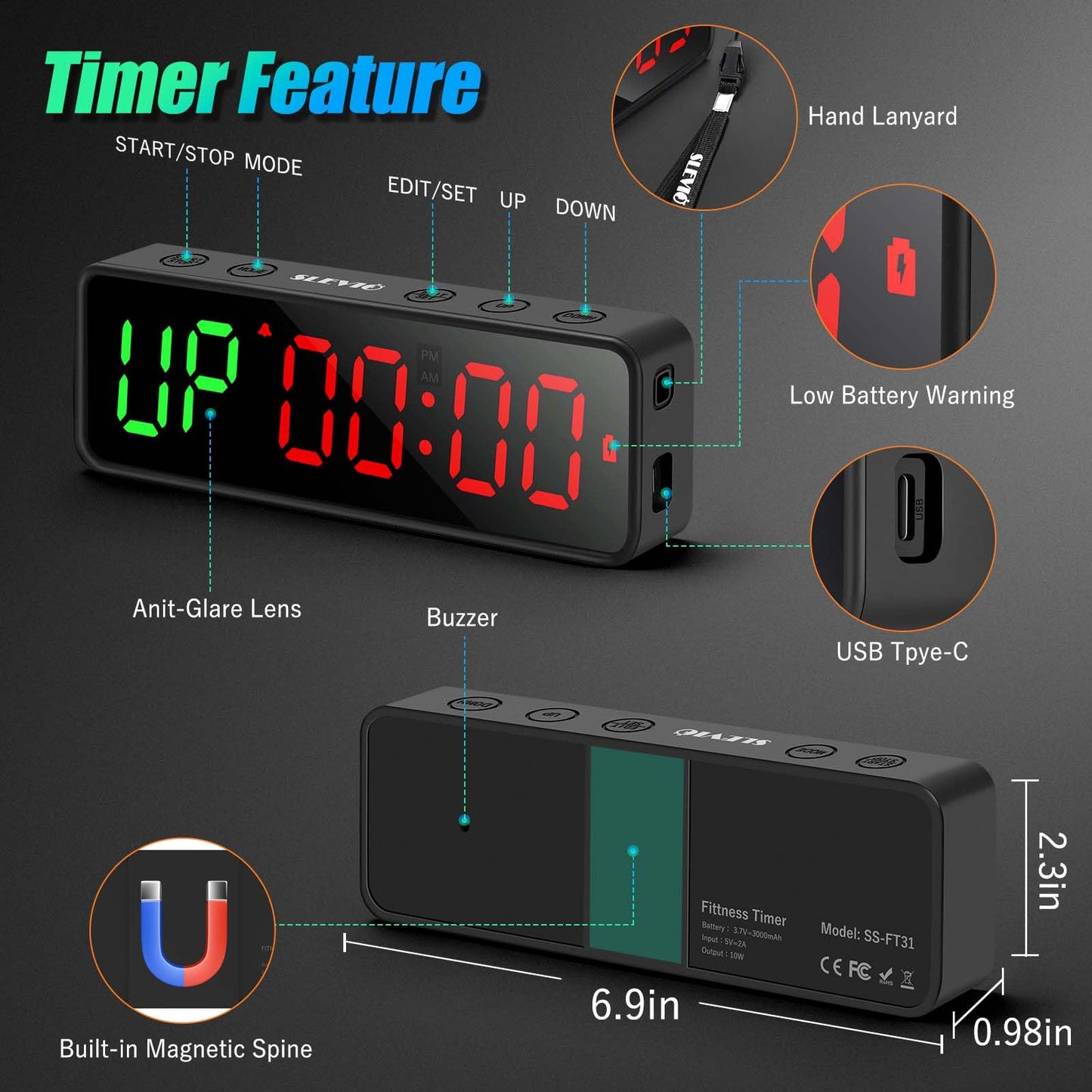 Small Gym Timer Clock Stopwatch Magnetic Workout Interval Timer, Large LED Digital Display, Home Accessories Countdown Clock for Home Gym Garage Schools (Matte Black)
