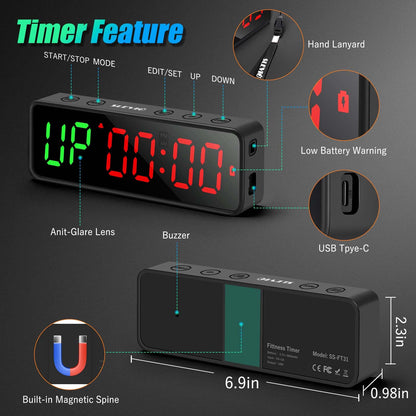 Small Gym Timer Clock Stopwatch Magnetic Workout Interval Timer, Large LED Digital Display, Home Accessories Countdown Clock for Home Gym Garage Schools (Matte Black)
