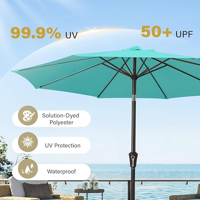 MEWAY 9ft Patio Umbrella Outdoor Table Umbrellas with Push Button Tilt and Crank, Market Umbrella 8 Sturdy Ribs for Deck, Garden, Pool and Backyard, Turquoise