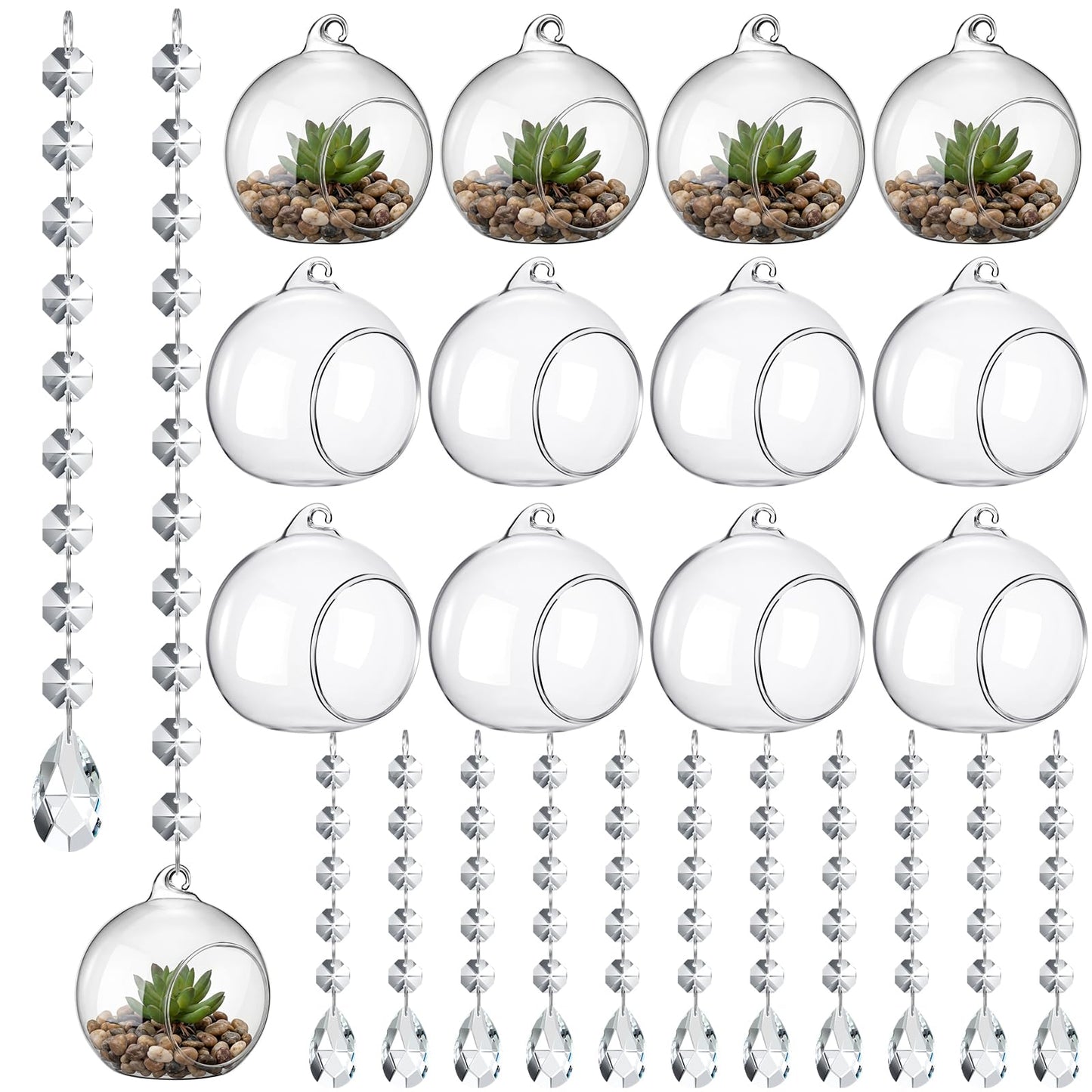 GlikCeil 56 Pcs 3.15'' Hanging Glass Tealight Holder Globe with K9 Crystal Garland Strands,Teardrop Pendant Hanging Tealight Candle Holder Orbs Air Plant for Wedding Centerpiece Party Decor (Clear)
