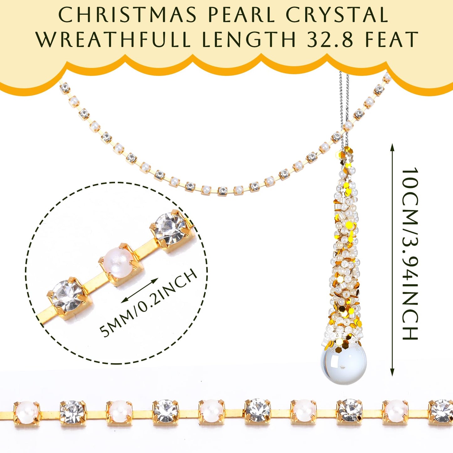 Soulchen 9pcs Crystal Icicle Christmas Tree Ornaments Crystal Gold Tree Garland Set 4 Inch Clear Raindrop Hanging Pendants 33 ft Gold Pearl Garland String for Christmas Wedding Party Decoration