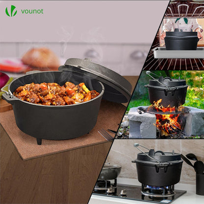VOUNOT Dutch Oven 9 Liters, Pre-Seasoned Cast Iron Pot with Carry Bag, Feet, Lid Lifter, Spiral Handle and Slot for Thermometer, for Camping, Cooking Baking