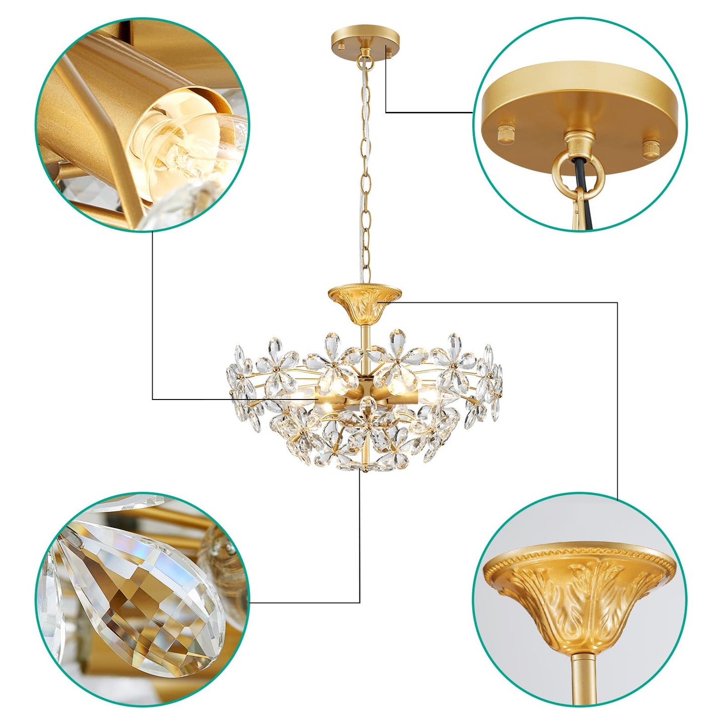 GlowEasely K9 Crystal Flower Chandelier for Dining Room, Living Room, Bedroom, Hallway, Kids Room, Foyer, Gold, Mayflower 6-Light Modern Pendant Chandelier, E12 Socket, D18.3 * H16~41inch (Adjustable)
