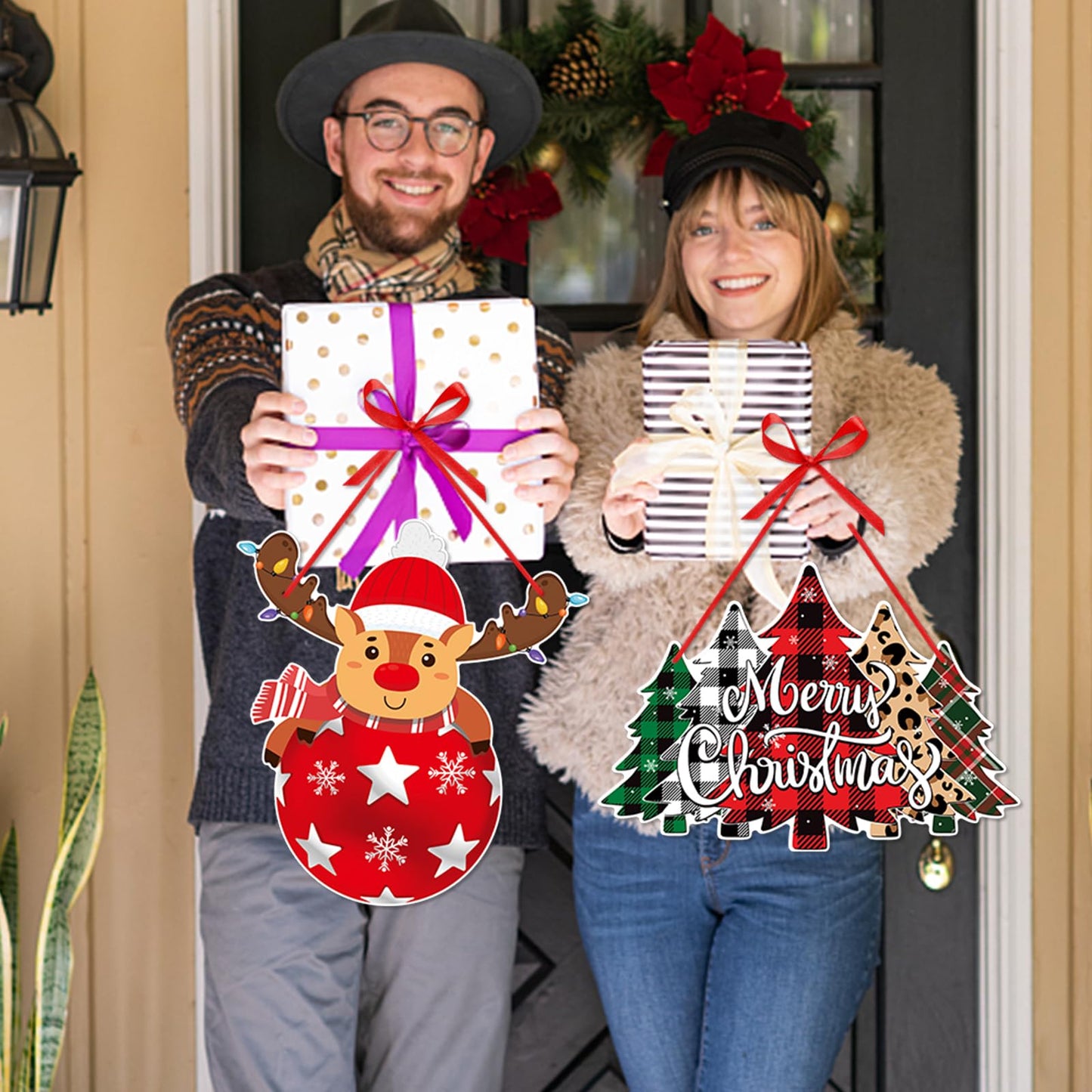 Merry Christmas Home Front Porch Door Hanger Decor Red Green Party Paper Signs Banners Tree Elk Snowman Santa Claus Wall Hanging Indoor Decorations
