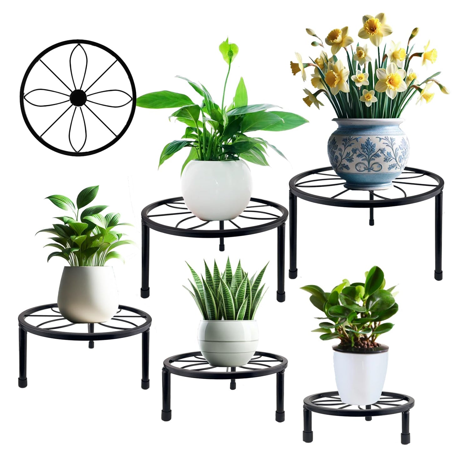 HENABLE 5 Packs Metal Plant Stand Indoor, Outdoor Black Plant Stand for Multiple Plant, Rustproof Iron Round Heavy Duty Flower Pot Stand, Plant Shelf for Planter Garden Home