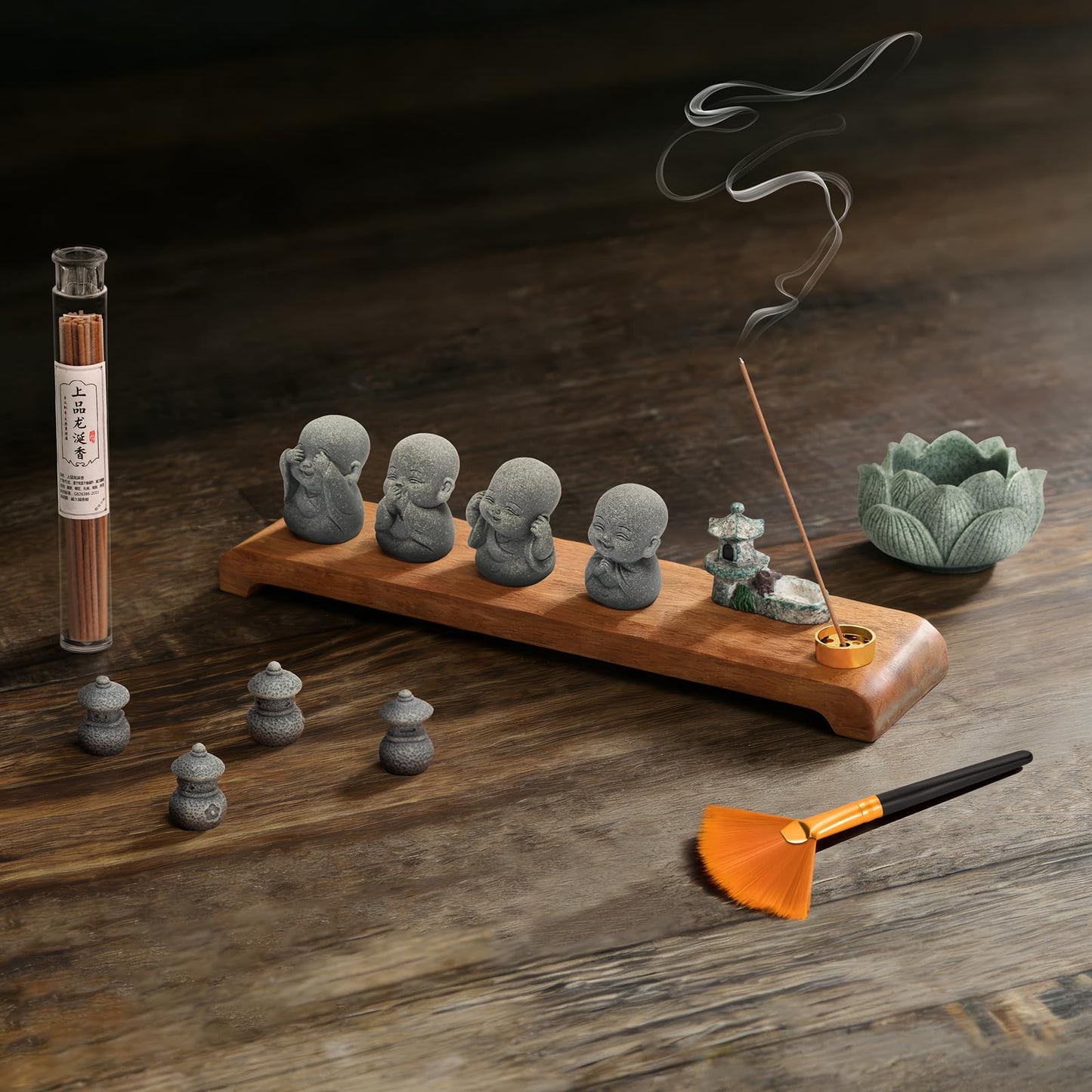 Laughing Buddha Statue Zen Set 4 Pcs with Wood Base, Lotus Incense Burner, Copper Incense Holder, Incense Sticks & Cleaning Brush All in One Feng Shui Decor for Home, Meditation, Desk & Spiritual Gift
