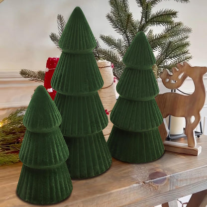 Christmas Decorations - Set of 3 Velvet Ceramic Christmas Trees - Modern Cone Indoor Christmas Decoration Centerpieces for Table Mantel and Living Room Home Decor (Green)