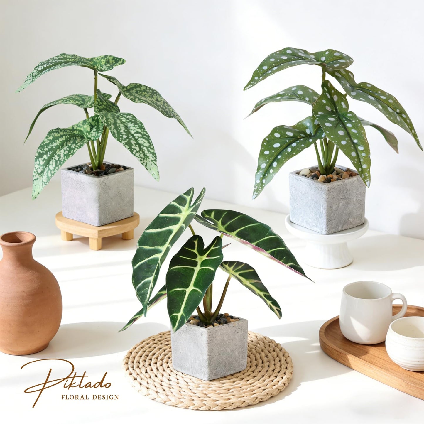 Piklado 3pcs Small Fake Plants Artificial Begonia Leaves Faux Plants Indoor for Office Desk Shelf Bathroom Home Decor