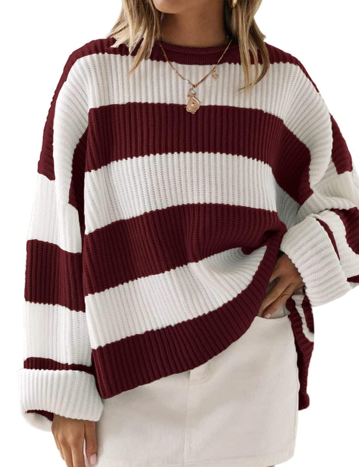 ZESICA Women's 2025 Fall Long Sleeve Oversized Striped Color Block Comfy Loose Crew Neck Knitted Pullover Sweater