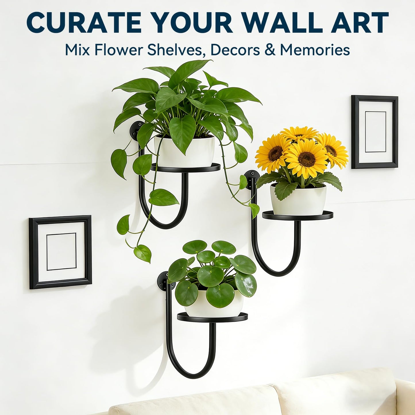 XNGZY Wall Planters for Indoor Plants, 3 Pack Wall Mounted Plant Holder, Metal Plant Floating Decor Shelves, Space Saving, for Bedroom, Living Room, Kitchen, Office, Bathroom Decor