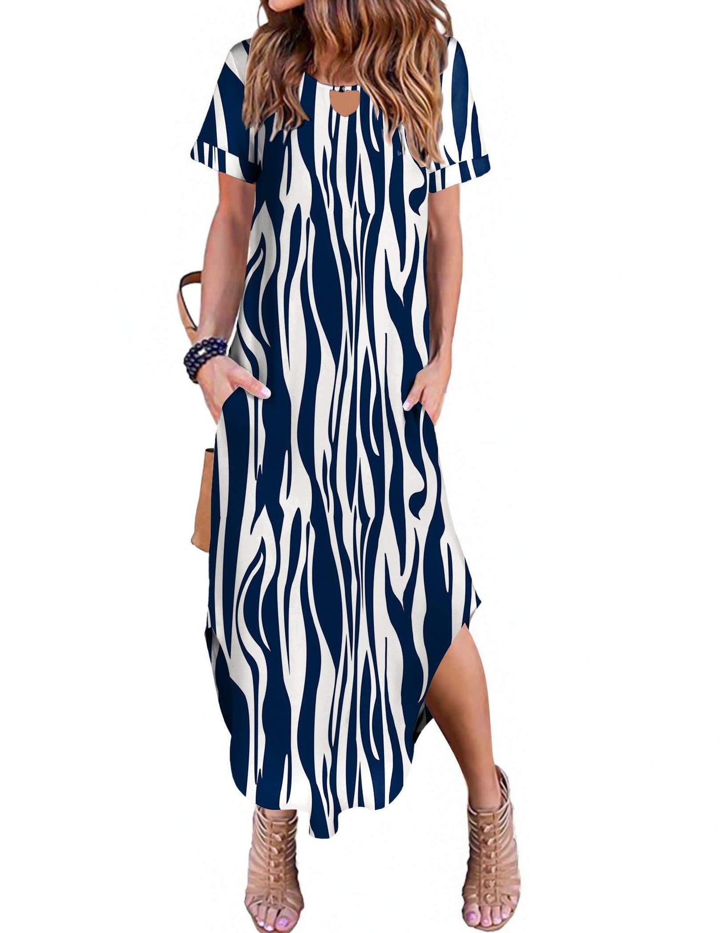 Zeagoo Womens Maxi Summer Dress with Pockets Casual Short Sleeve Sundress Trendy 2025 Curve Hem Long Dresss