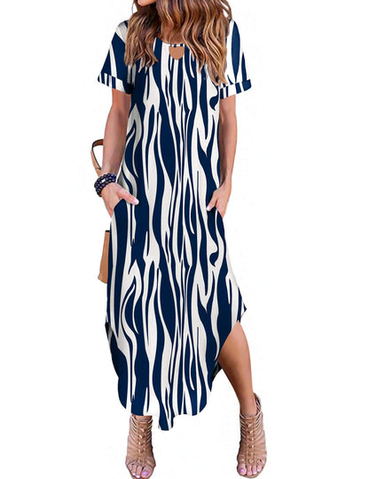Zeagoo Womens Maxi Summer Dress with Pockets Casual Short Sleeve Sundress Trendy 2025 Curve Hem Long Dresss