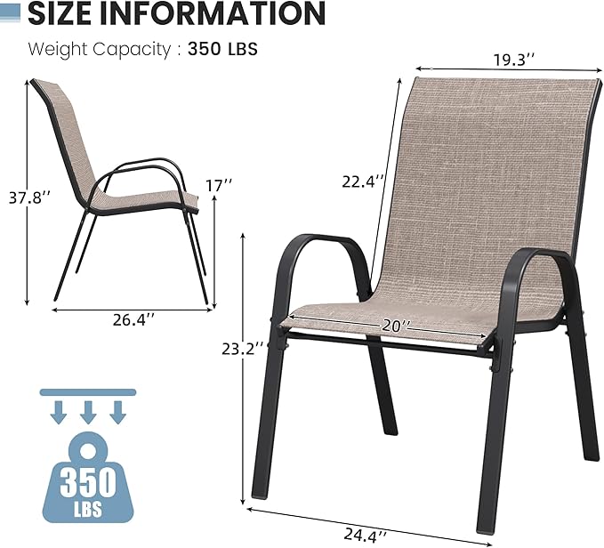 Patio Dining Chairs Set of 2, Outdoor Stackable Chairs, Breathable Seat and Alloy Steel Frame Fit for Backyard,Garden,Porch, Lawn，Poolside (Light Brown)