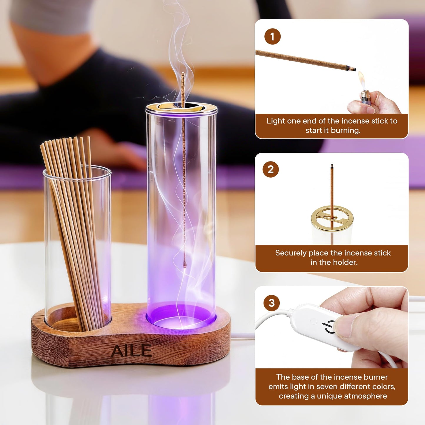 2 in 1 Incense Holder for Sticks, Glass LED Glowing Incense Burner Holder with Ash Catcher & Incense Sticks Organizer for Meditation Yoga Spa Home Decor