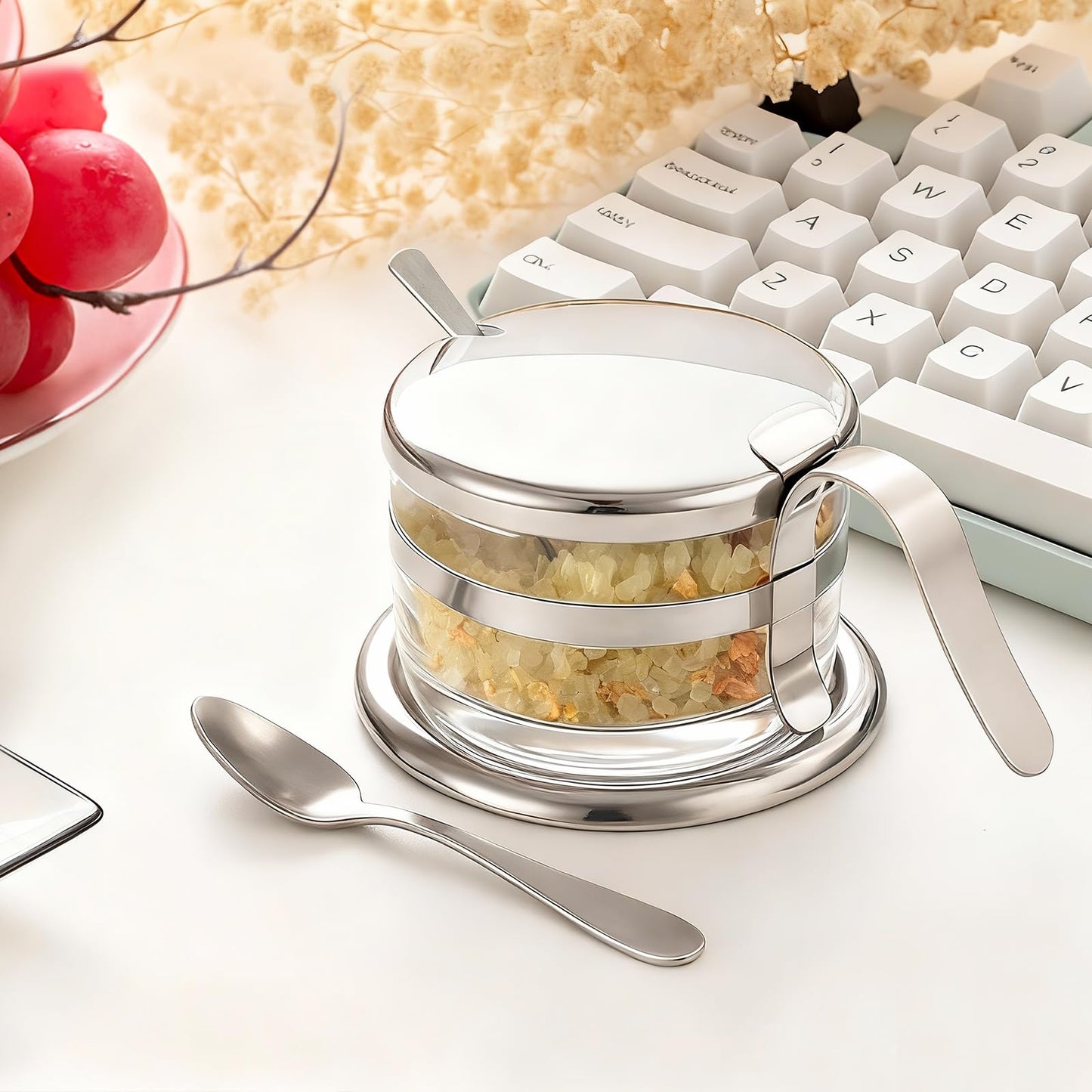 Honeydak 1 Set Stainless Steel Salt Cellar with Spoon 6.76 oz Salt Container with Spoon for Countertop, Seasoning Storage for Kosher, Sea, Candy, Pepper, Heavyweight Seasoning Jar