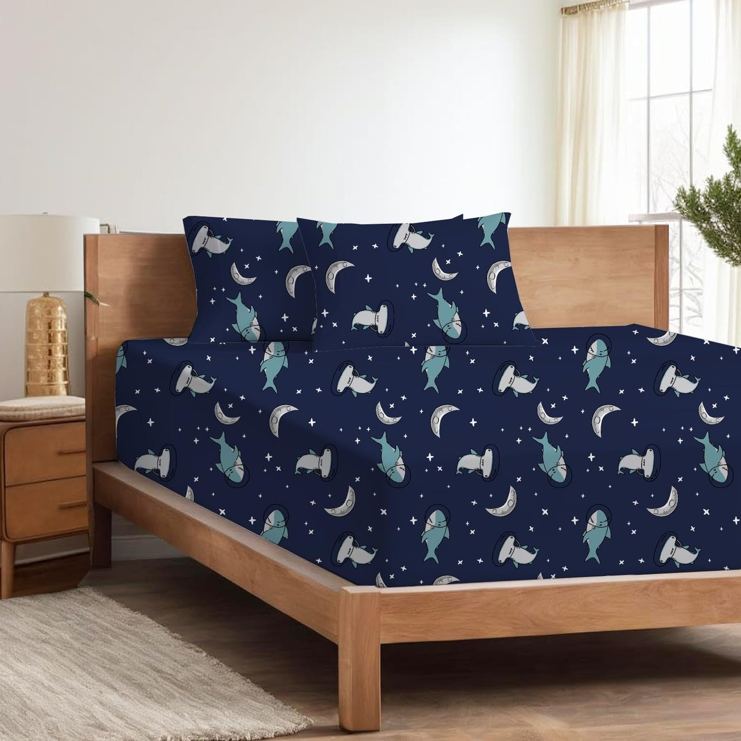 KRISHNA 4 Piece Printed Sheets Set, Hotel Luxury Brushed Microfiber, Soft & Breathable, 12" Deep Pocket Fitted Sheet, Twin Size Sheet Set, Moonlit Sharks