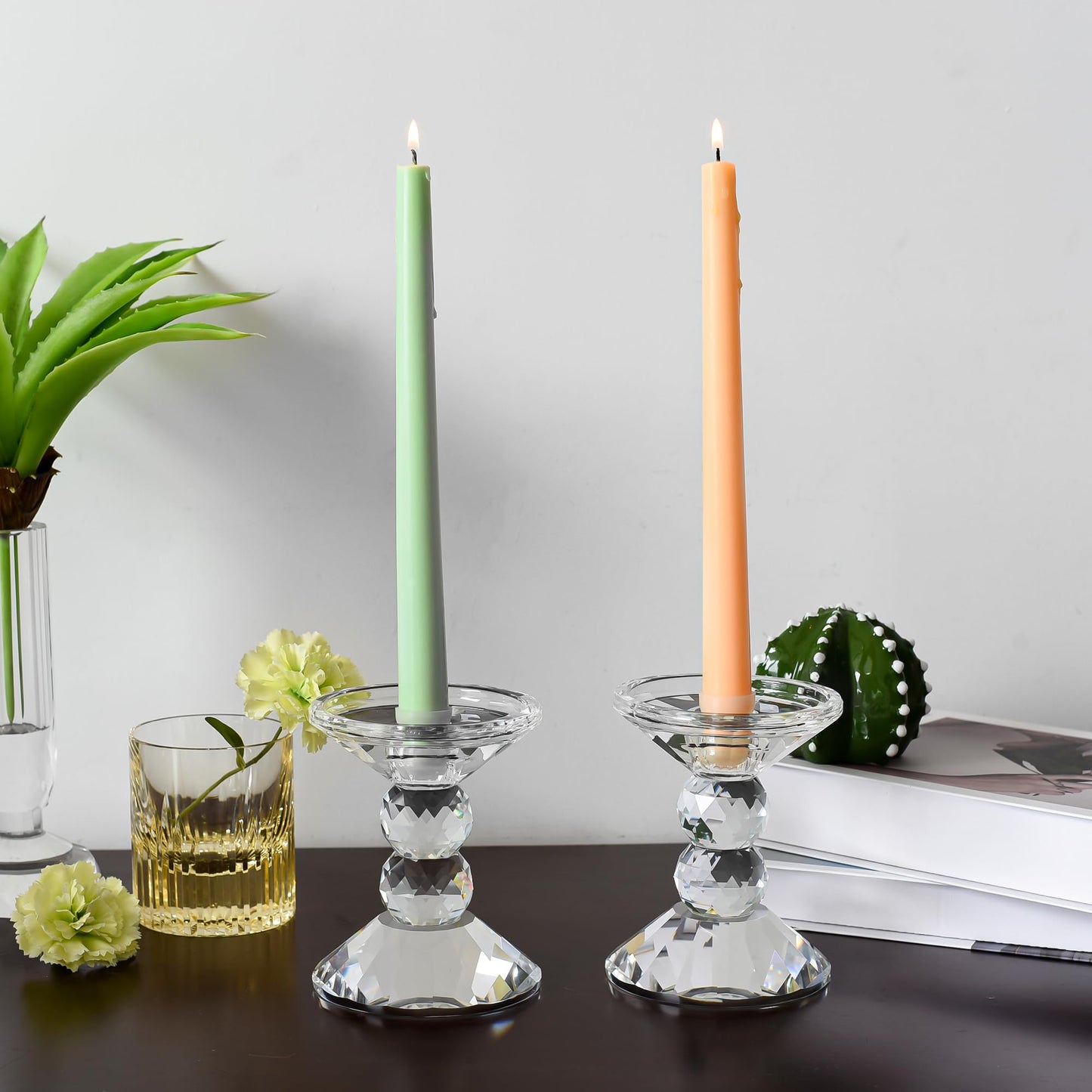DONOUCLS 2-Pack Crystal Candle Holders, Clear Crystal Taper or Pillar Candlesticks, Table Centerpiece Home Decor for Wedding, Dining, Party(4.9in Tall)