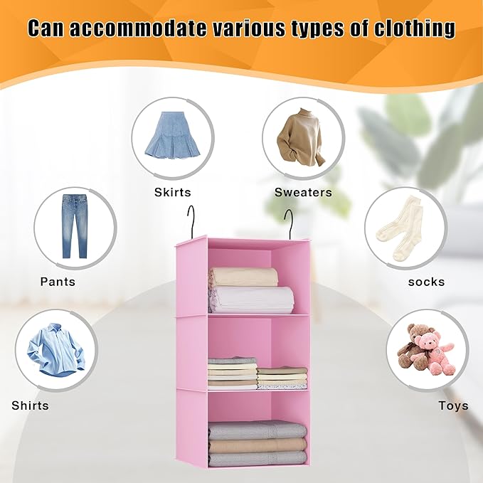 Hanging Closet Organizer and Storage 3-Shelf, Easy Mount Foldable Hanging