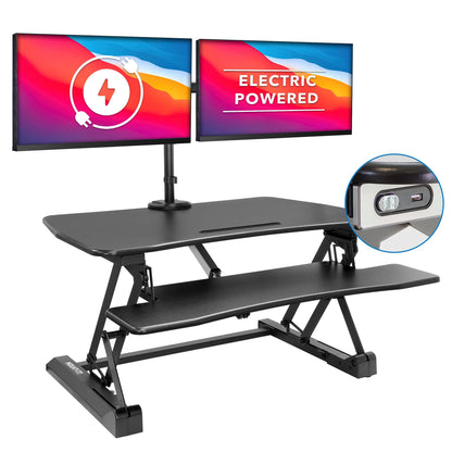 Mount-It! Electric Standing Desk Converter with Dual Monitor Arms for 2 Screens (Max 32"), Large 35.4" Wide Desktop, Motorized Stand Up Desk Riser, Keyboard Tray, USB, Black Stand up Desk Convertor