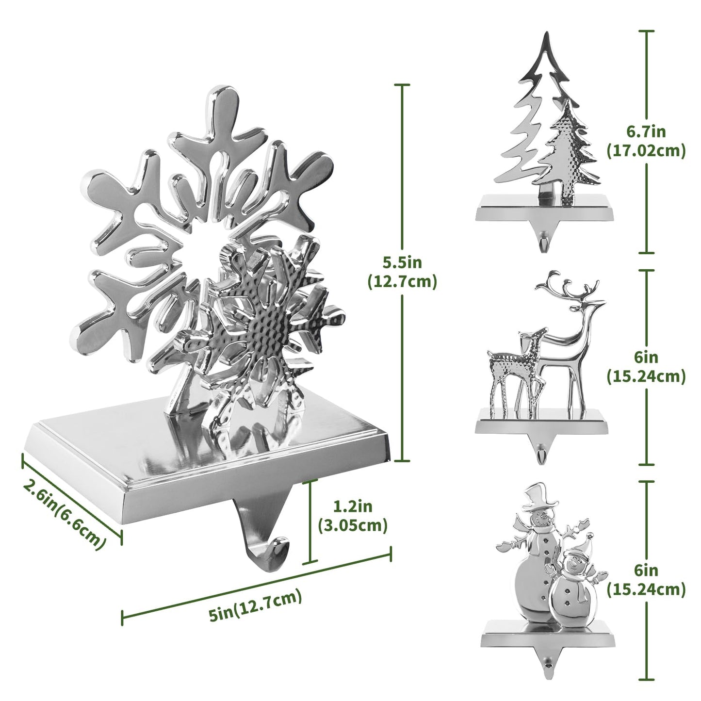 Christmas Stocking Holders for Mantel Set of 4, Stocking Hangers Reindeer Snowman Christmas Tree Snowflake Metal for Fireplace Mantel Holiday Christmas Decorations Stocking Hanger Hook - Silver