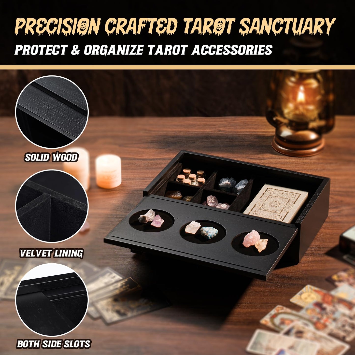 Emfogo Wooden Tarot Card Holder - Slide-Top Lid with 2 Card Slots Holds 8 Cards & Displays Crystals, Multi-Compartment Organizer for Jewelry, Trinket, Keepsake, Witchcraft Supplies (Black)
