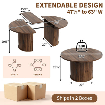 Garvee Extendable Round Dining Table with 2-Tier Storage Shelf & Drawer, 47.5 to 63 Inch Expandable Kitchen Table for 4-8 PM, Modern Farmhouse Fluted Pedestal Oval Circle Dinner Table, Walnut