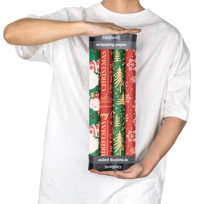 RUSPEPA Kraft Wrapping Paper Rolls - 17 inches x 10 feet per Roll, Total of 4 Rolls, Santa Claus, Snowflake and Christmas Tree Design