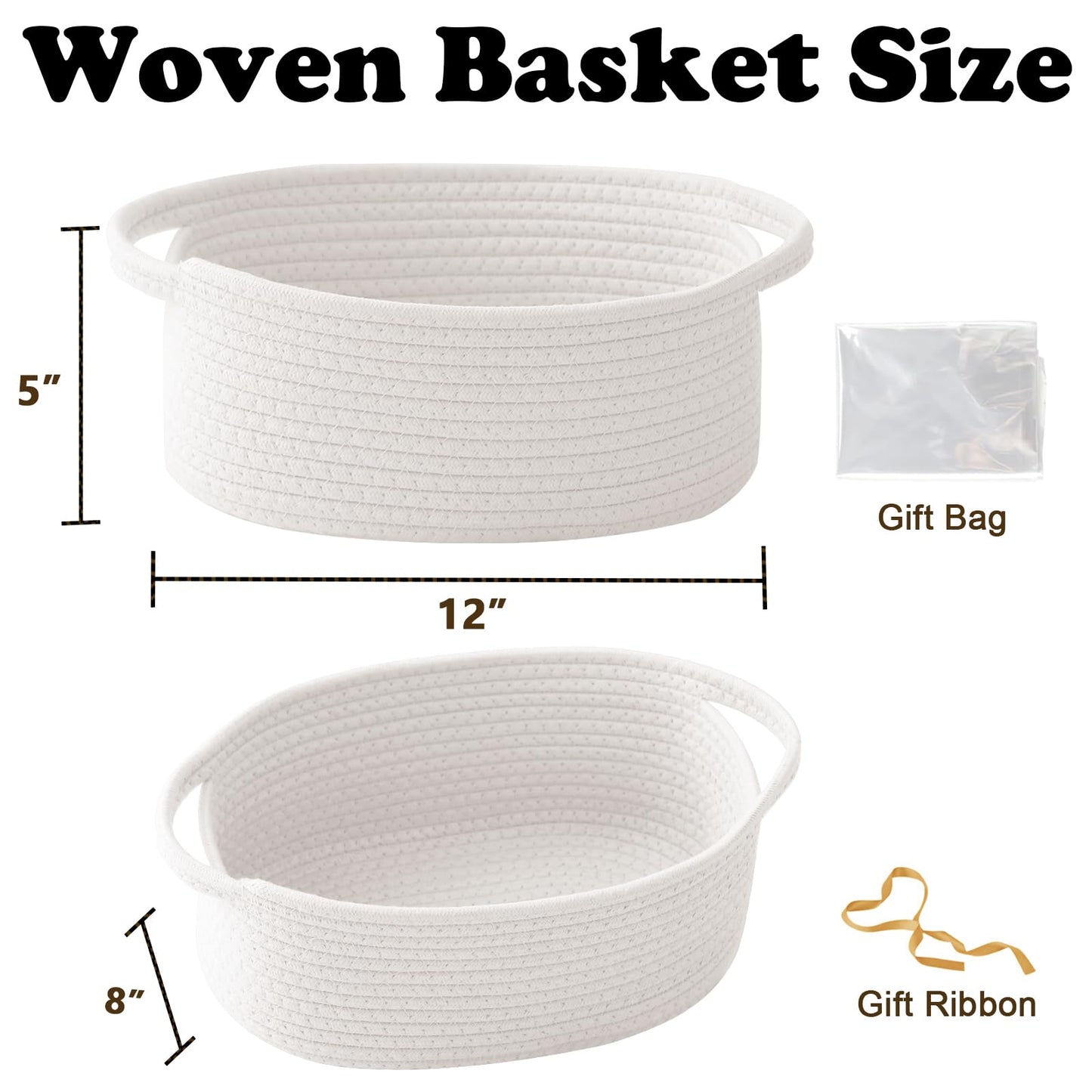 HZFTJOY 2 Pack Small Woven Rope Basket-Empty Gifts Basket with Bag and Ribbons,Cute Handle Organizer Box for Birthday/Baby Shower, Toy Storage, Nursery Organizing & Shelf Decor(White)
