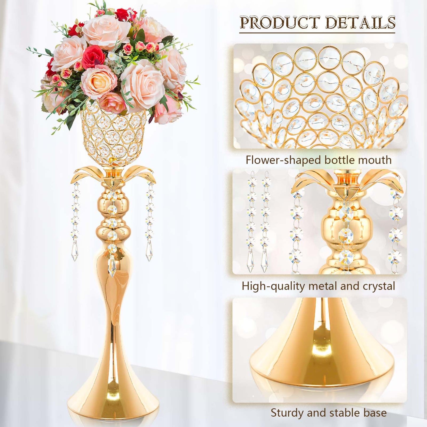 Kehail 2Pcs Gold Crystal Metal Vase Set - Tulip & Trumpet Wedding Centerpieces, Artificial Flower Arrangement Vases for Home Decor, Restaurant Table Displays