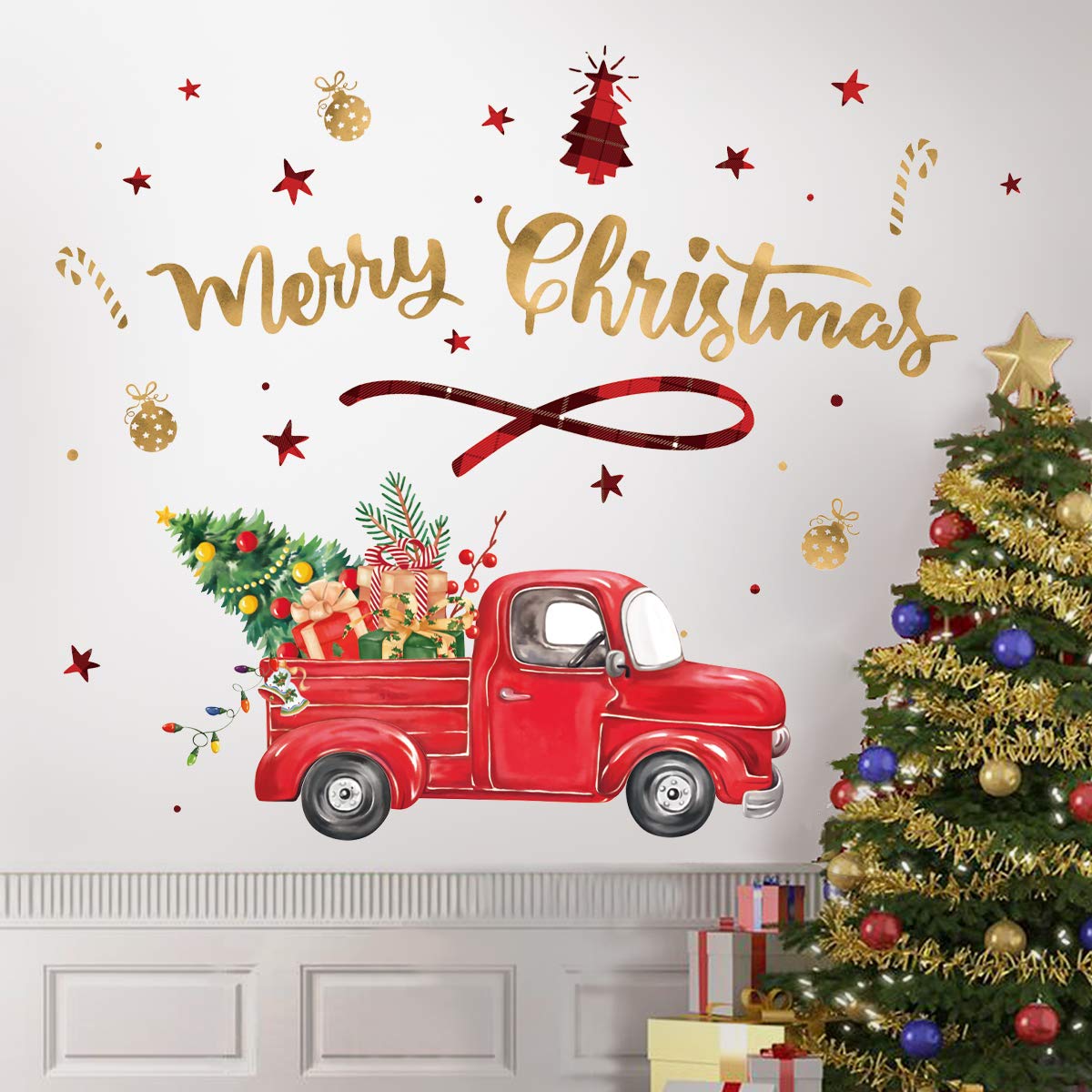 decalmile Merry Christmas Wall Decals Christmas Tree Truck Wall Stickers Dining Room Kitchen Door Window Glass Decoration Gifts