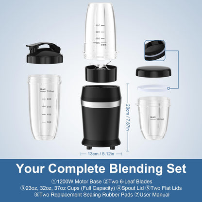 12-Piece Smoothie Blender Maker 25,000 RPM Personal Blender for Ice Crushing Smoothies & Frozen Drinks Nuts with 23oz, 32oz, 37oz Portable Cups Two 6-Leaf Stainless Steel Blades, Silver