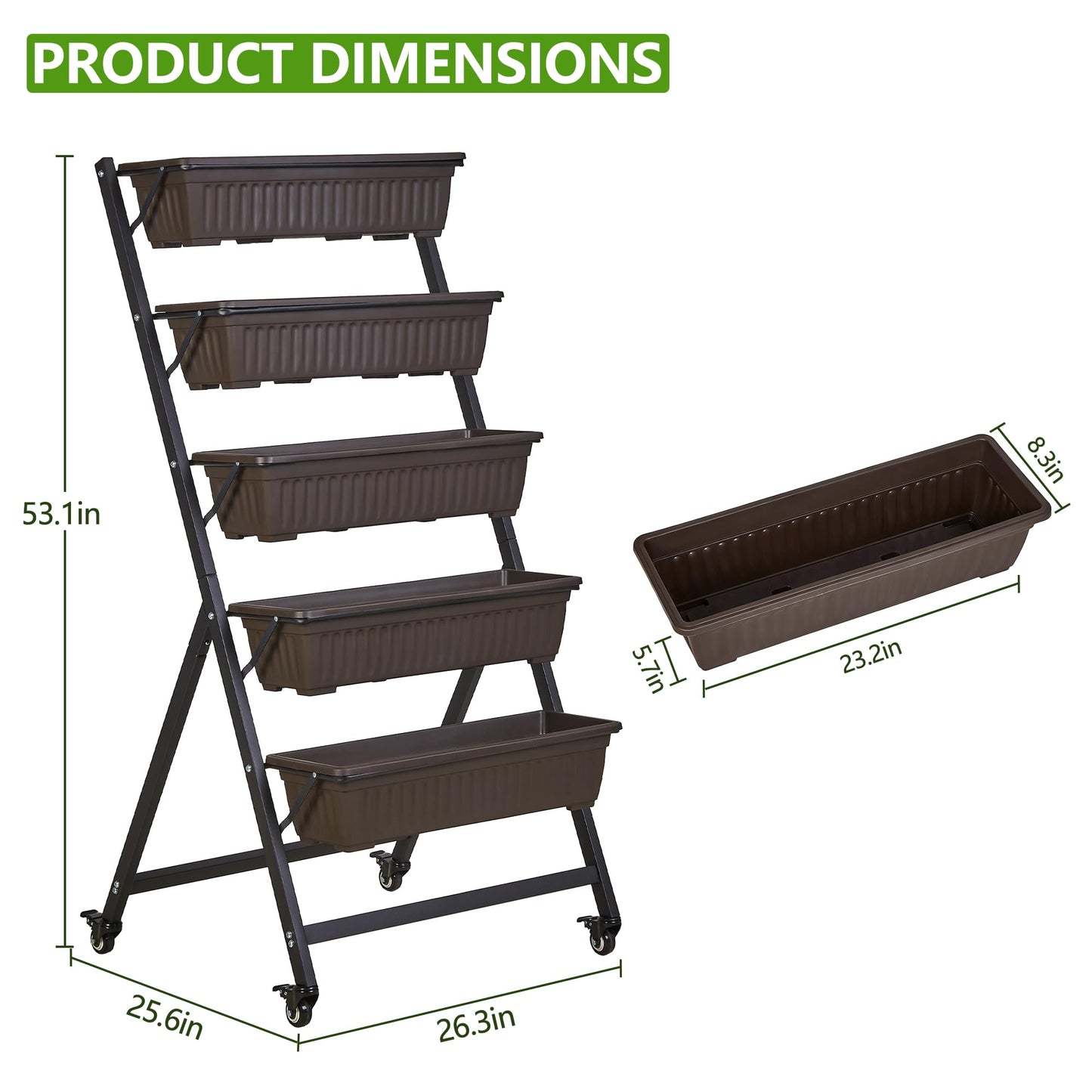VECELO 5-Tier Vertical Garden Bed, Freestanding Elevated Raised Garden Planter with 5 Garden Planter Boxes, Lockable Caster Wheels, Drainage System, for Plants, Vegetables, Flowers, Herbs