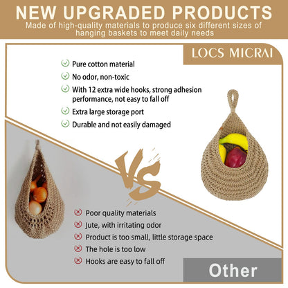 LOCS MICRAI Hanging Fruit Baskets for Kitchen - 6 Pack Boho Wall Hanging Basket,Handwoven Wall Fruits Basket,for Garlic Potato Vegetable Onion Teardrop Home Hanging Storage Baskets(Brown Classic)