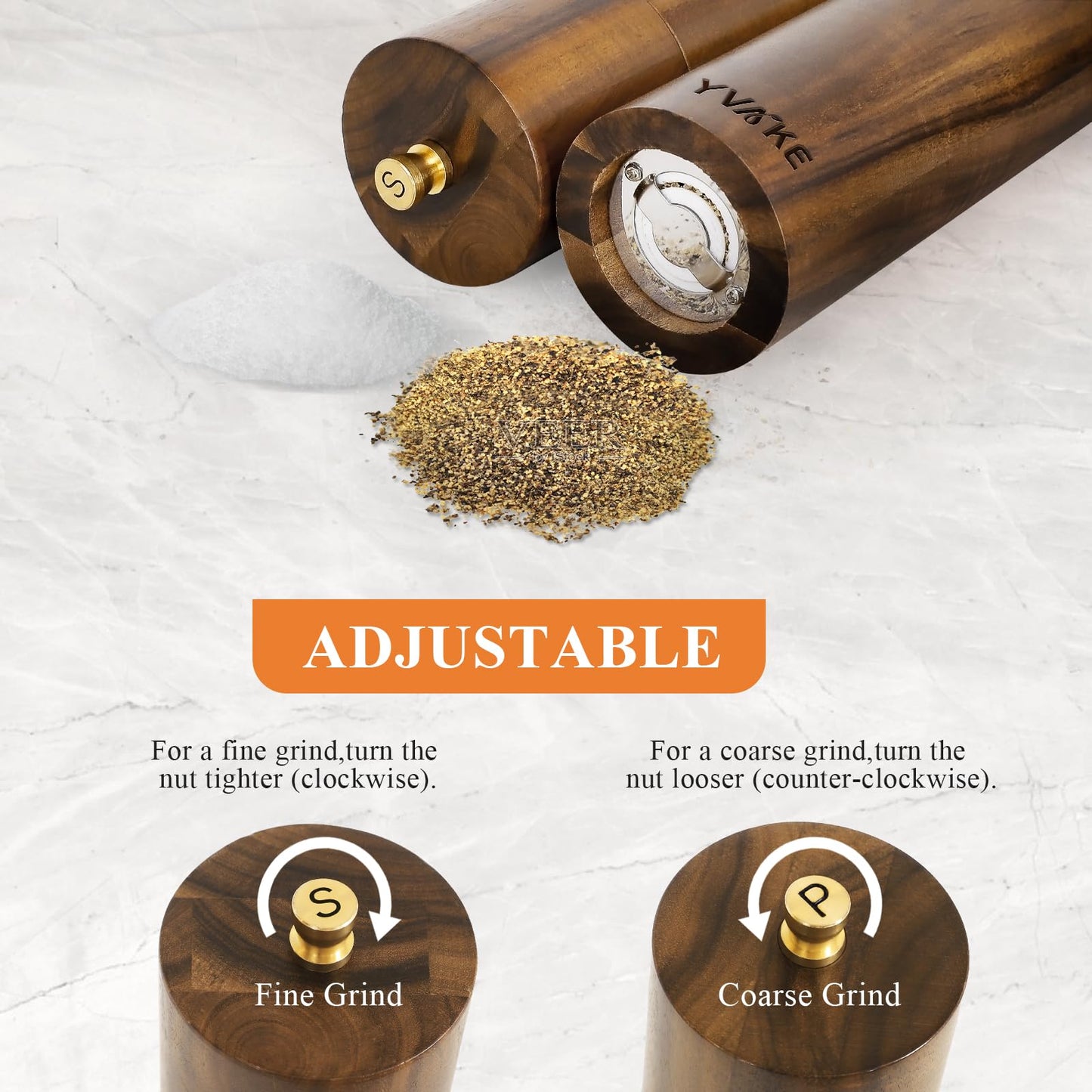 Yvake Wooden Salt and Pepper Grinder Set,8 Inch Manual Salt and Pepper Mill, Adjustable Coarseness and Refillable,Acacia Wood Pepper Grinder for your kitchen[Set of 2]