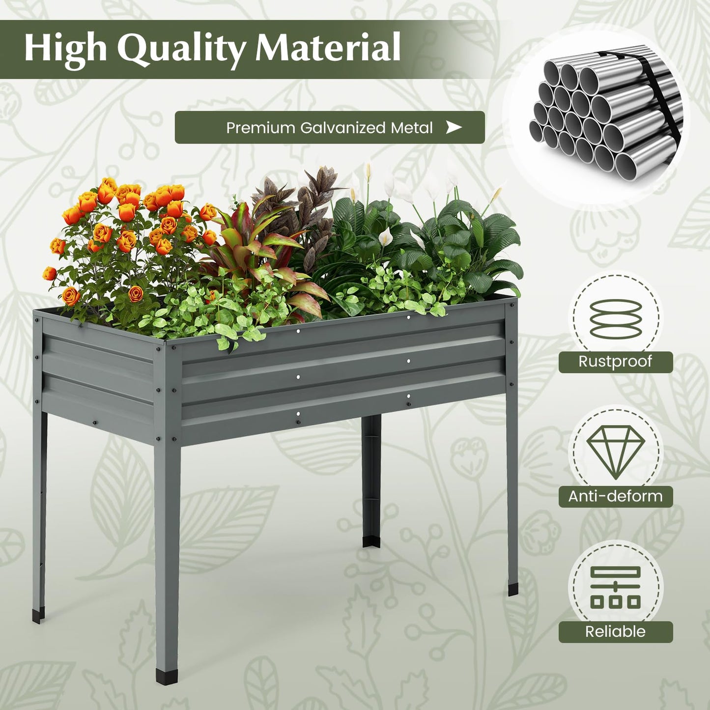 HAPPYGRILL Raised Garden Bed, Galvanized Garden Box with Legs, Drainage Holes, 2 Gloves, Outdoor Planter Box for Garden, Backyard & Patio, 46”x 24” x 32”, Grey